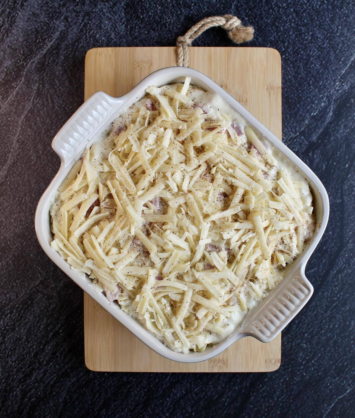 The top of the pasta bake before baking.