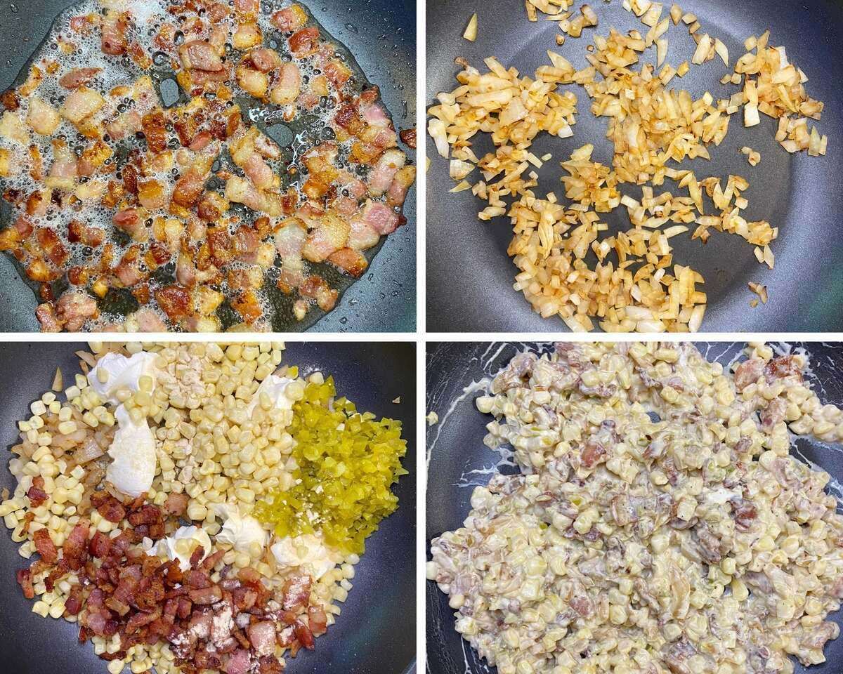 A collage showing the bacon and onion being fried as well as combing the remaining ingredients.