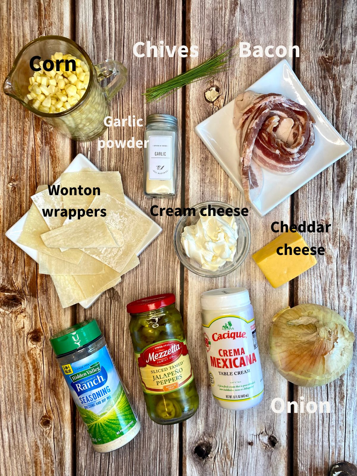 All the ingredients used to make creamy corn and bacon wonton cups.