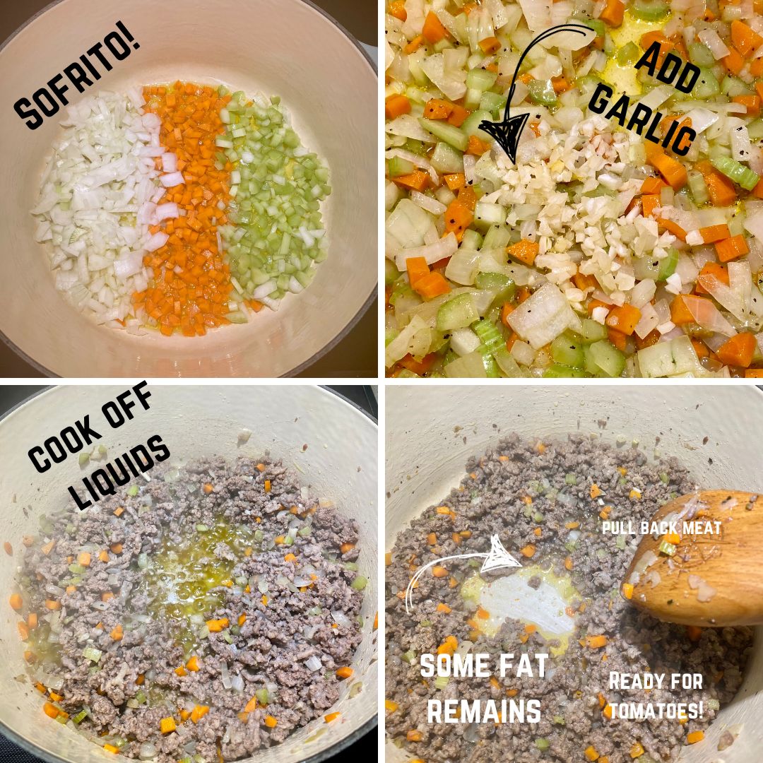 A grid of four pictures showing the vegetables cooking and the liquid around the meat reducing for the bolognese sauce.