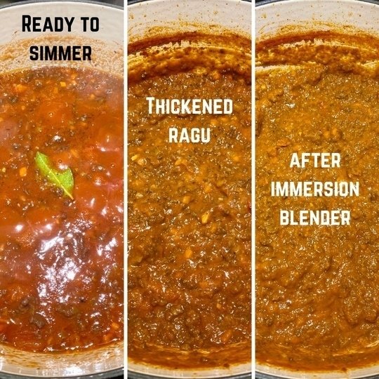 A 3 part photo showing the bolognese sauce when you first add the tomatoes, after cooking for an hour, and after using an immersion blender on the sauce.