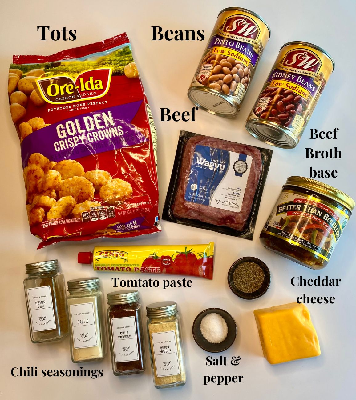 All the ingredients used to make chili tater tot casserole.