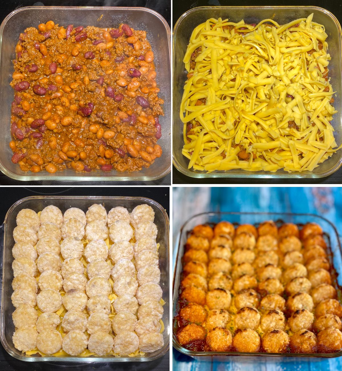 A grid showing the progression of the casserole being layered in the baking dish.