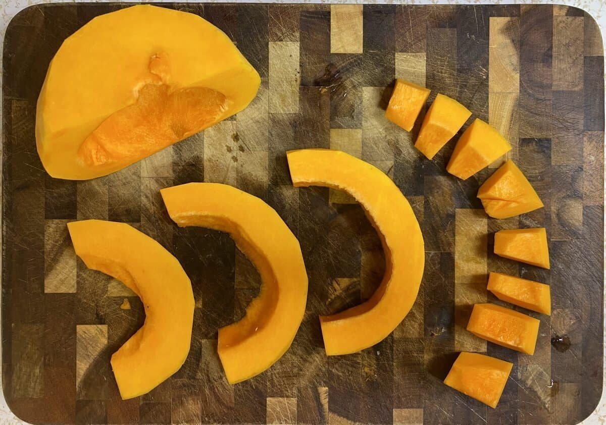 The bulb of the butternut squash sliced and diced into one inch cubes.