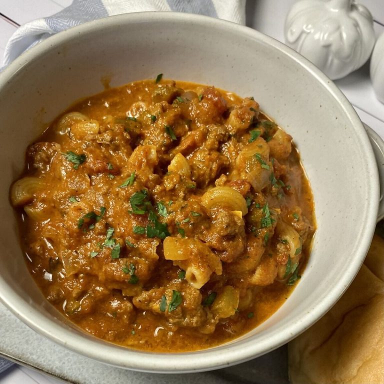 Close up of one-pot american goulash.