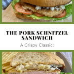 Pinterest coverpage for pork schnitzel sandwich.