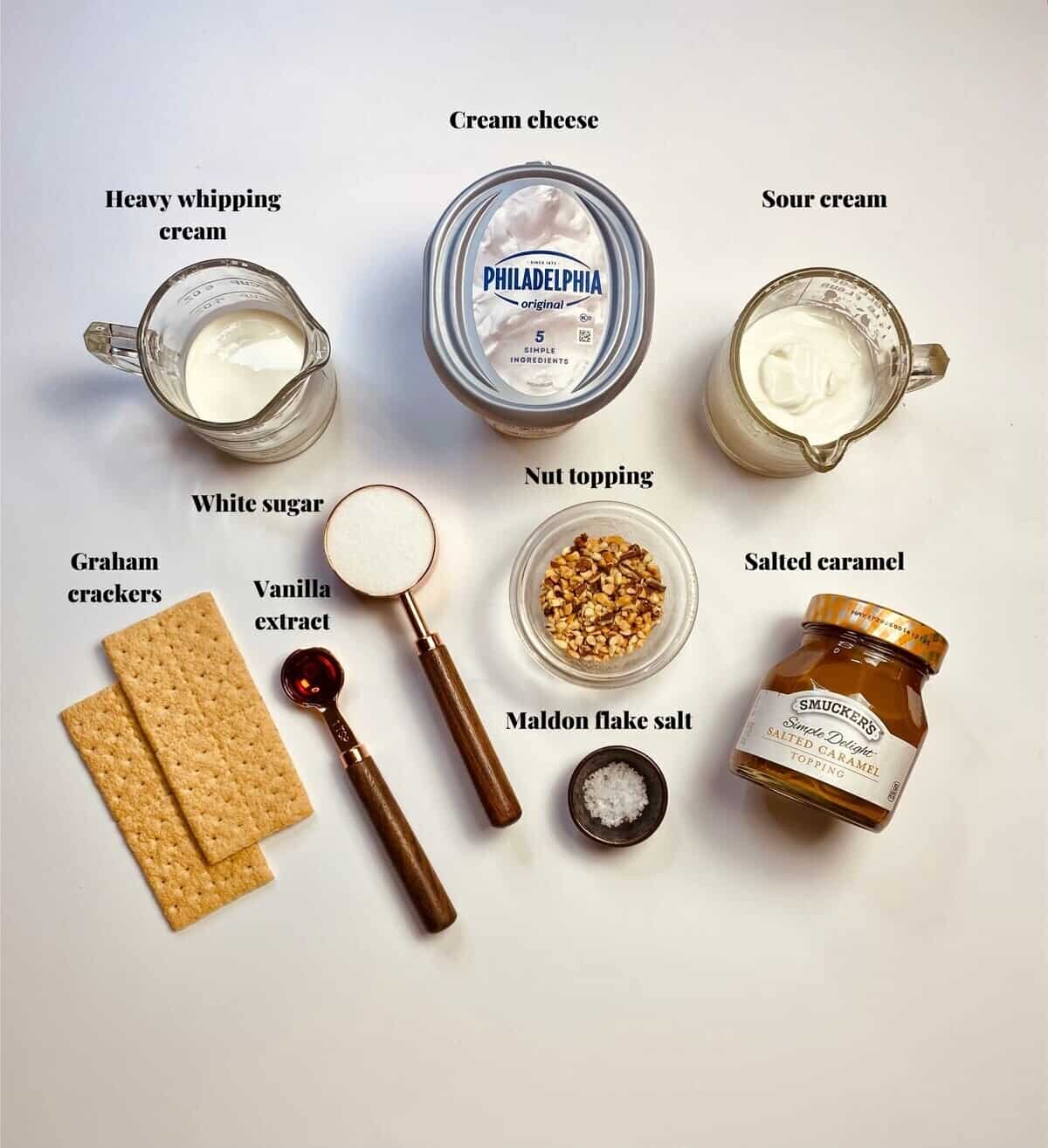 All the ingredients needed to make salted caramel cheesecake dip.