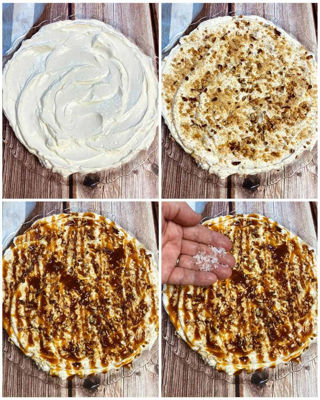 The steps to take to add the toppings to the cheesecake dip.