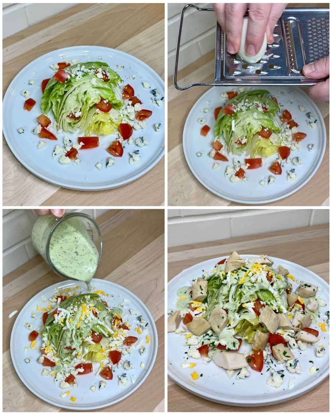 A photo collage showing the salad being dressed with gorgonzola, tomatoes, a grated egg, and salad dressing.