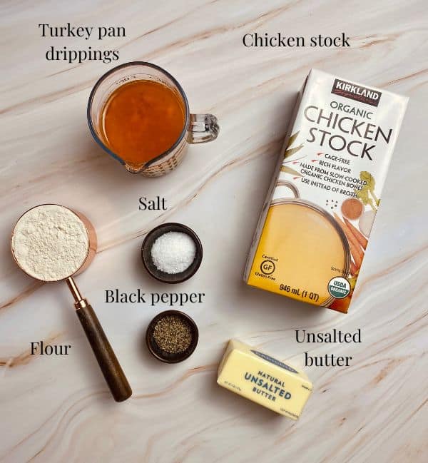 All the ingredients needed to make easy turkey gravy.