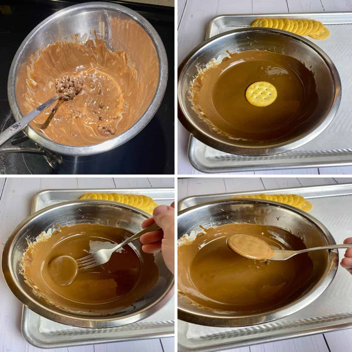 A four part collage showing the steps of melting the Andes chocolate, then dipping ritz crackers in it with a fork.