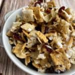 A closeup of the bowl of the crunch mix showing flakes of maldon salt.