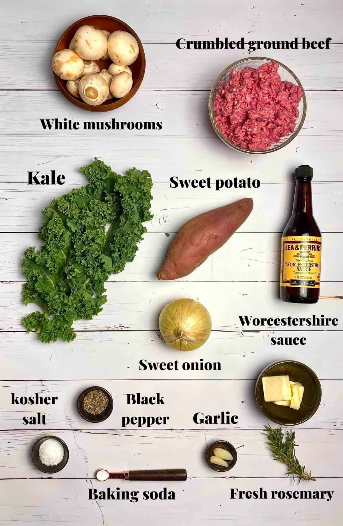 All the ingredients needed to make ground beef sweet potato hash.