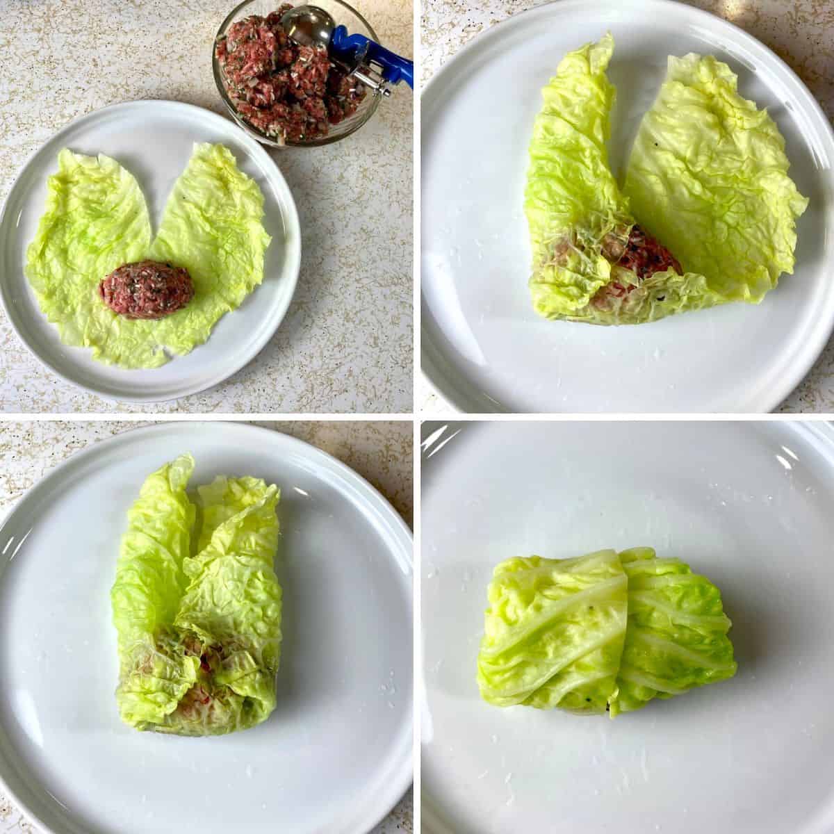 A four part collage showing the process of folding up the cabbage roll.