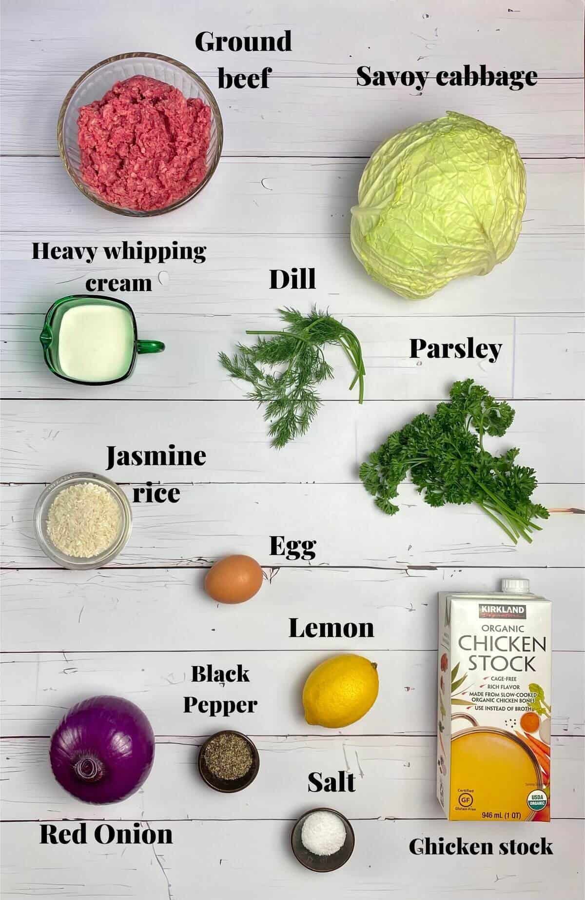 All the ingredients used to make Greek cabbage rolls.