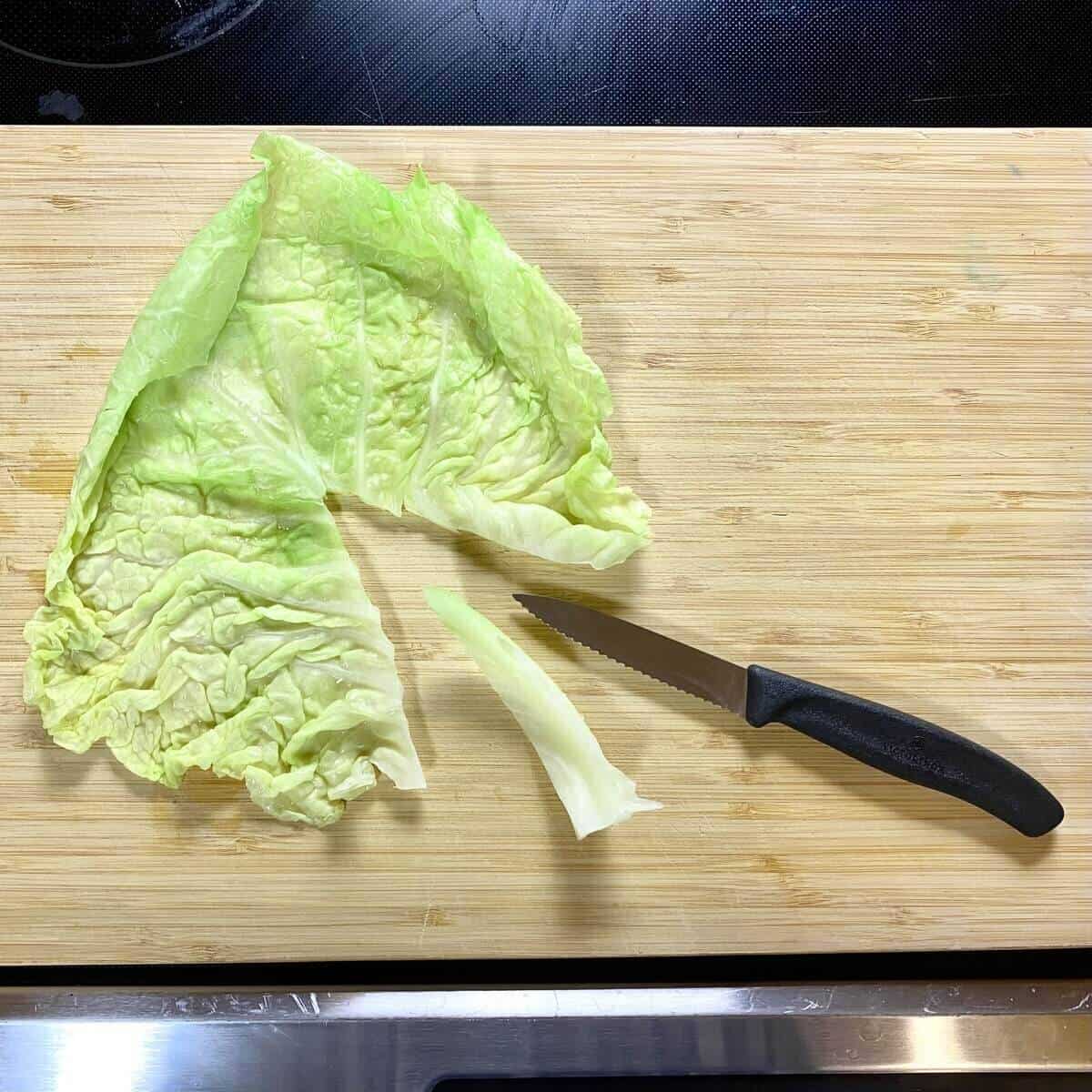 A single cabbage leaf on a cutting board with a knife and a the center rib sliced out.