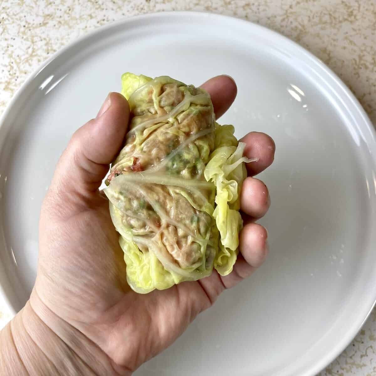 A hand holding a cabbage roll showing the underside of the roll.