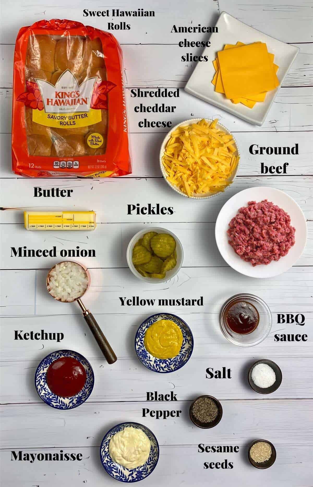 All the ingredients needed to make the cheeseburger sliders.