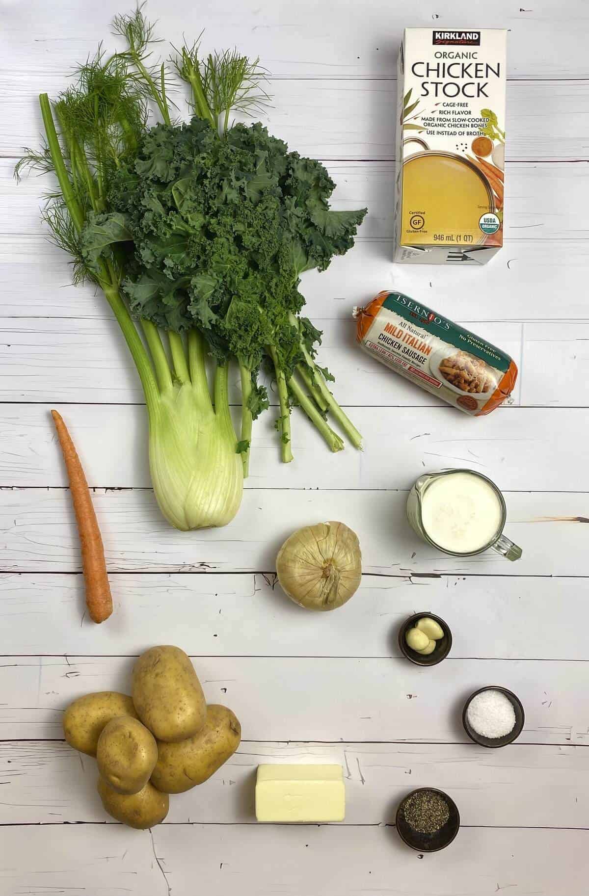 All the ingredients needed to make chicken kale and potato soup.