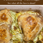 Pinterest coverpage for chicken thighs on schmaltzy cabbage.