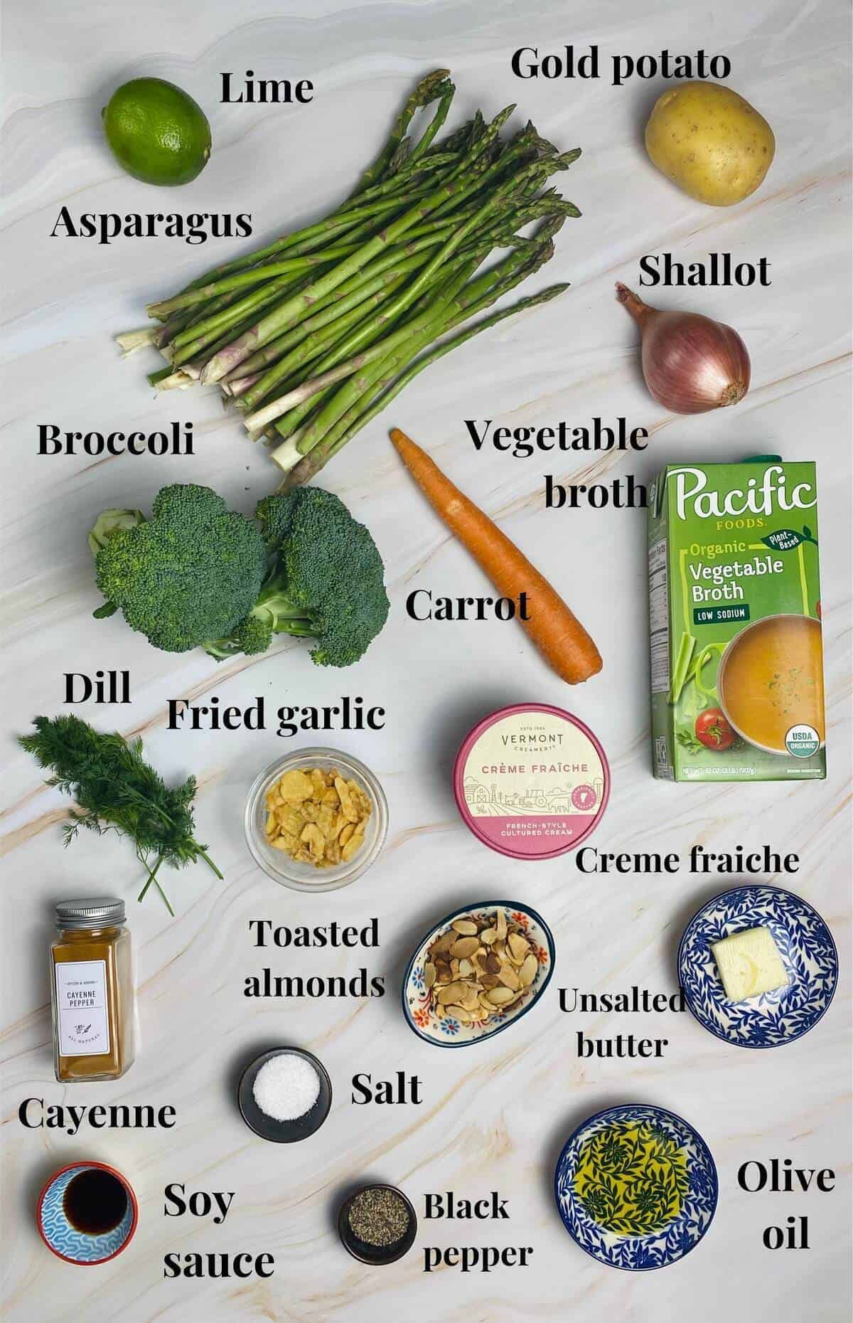 All the ingredients needed to make asparagus and broccoli soup.