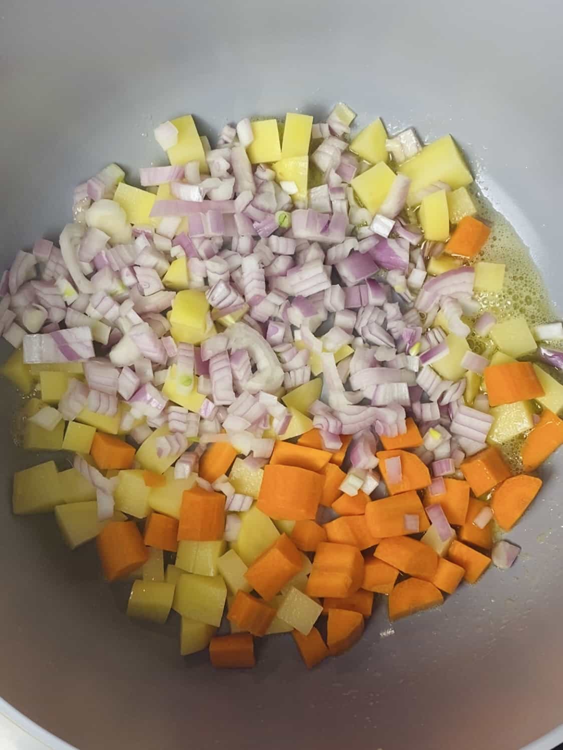 Diced vegetables cooking in a pot.