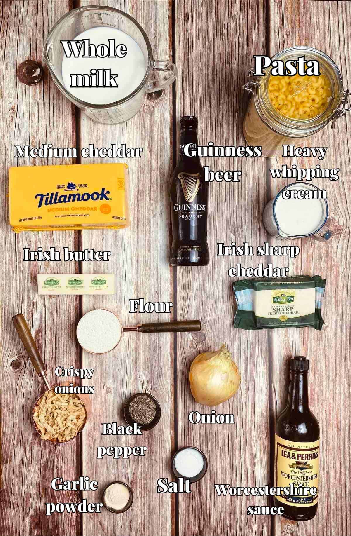 All the ingredients needed to make guinness mac & cheese.