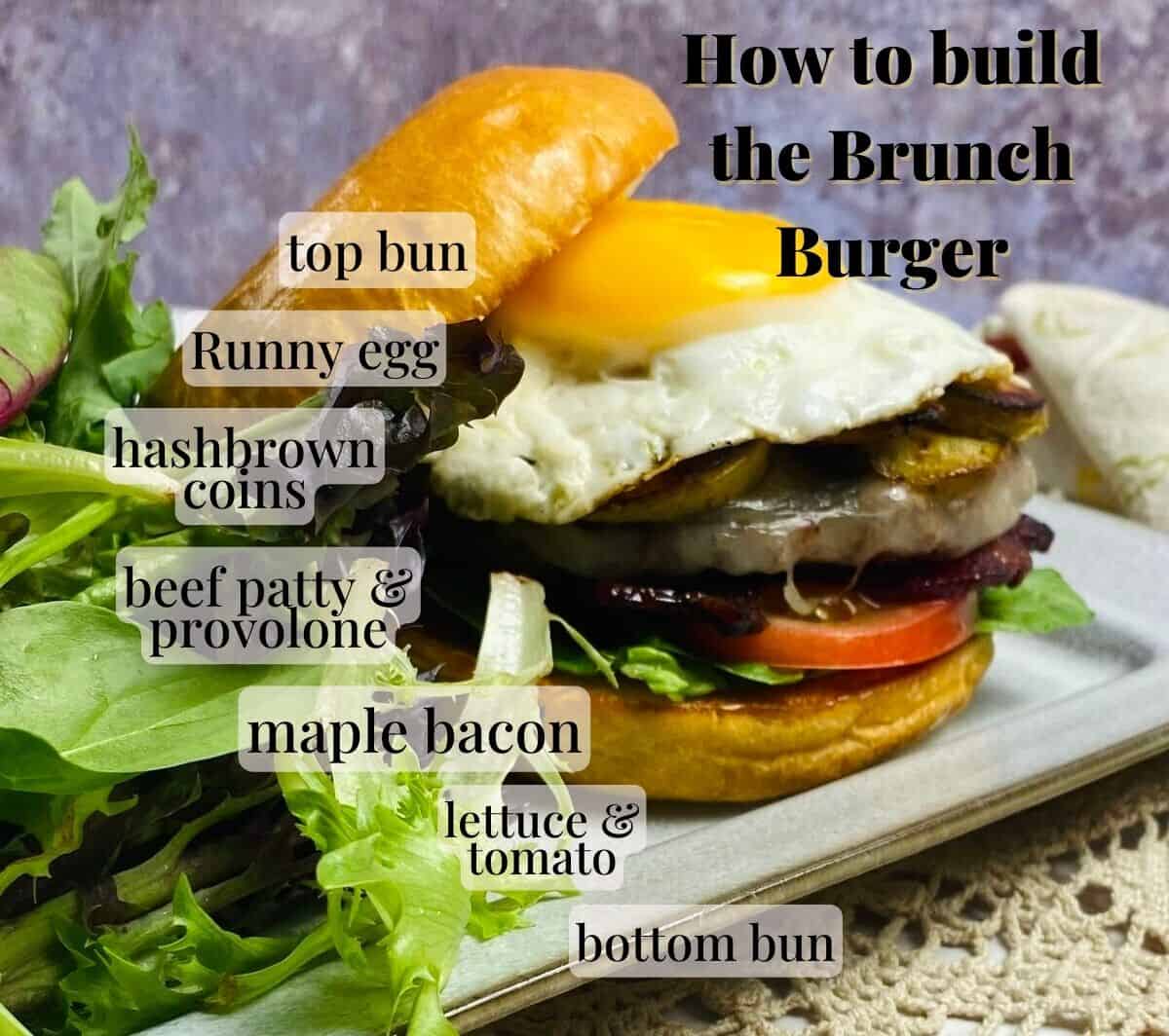 A diagram showing the a sideview of a brunch burger and listing the ingredients.