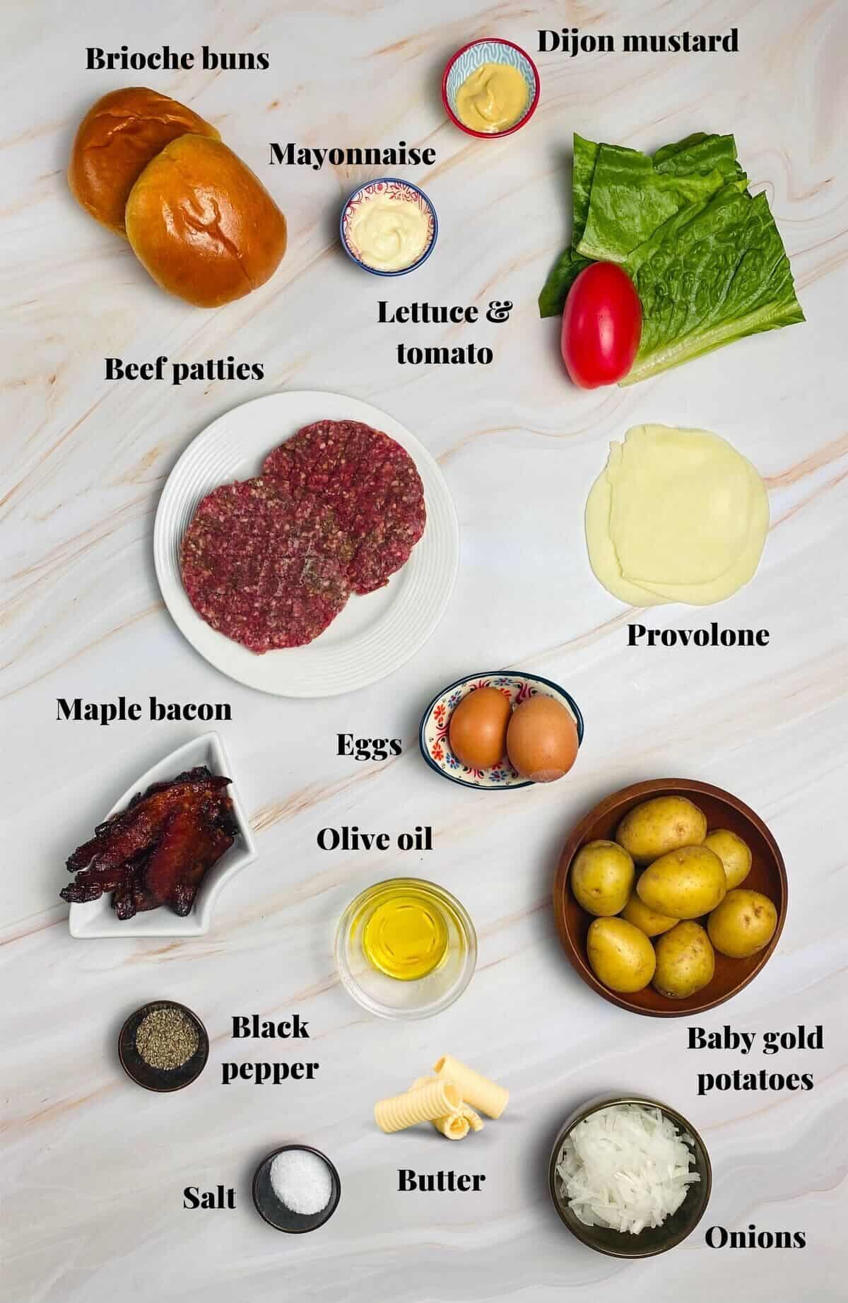 All the ingredients needed to make the brunch burger.