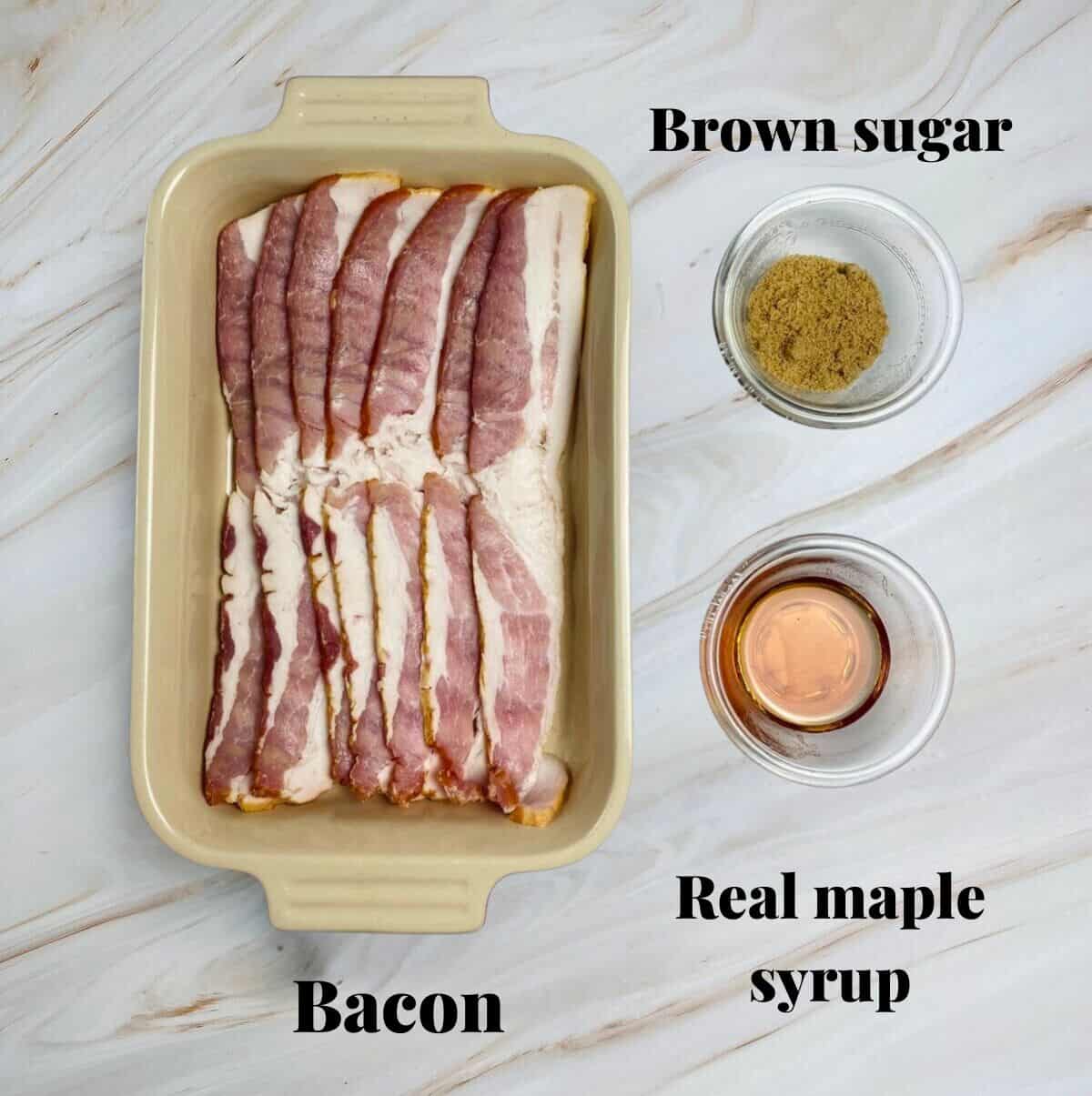 All the ingredients needed to make maple bacon.