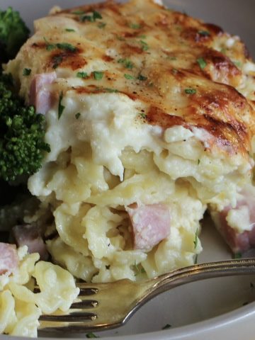 Featured photo for croque monsieur pasta bake.