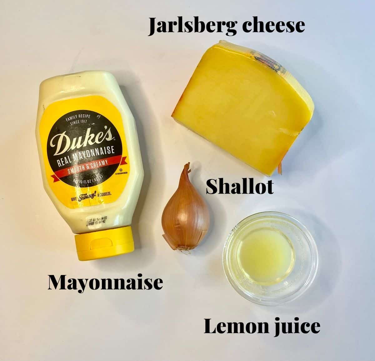 All the ingredients needed to make jarlsberg cheese dip.