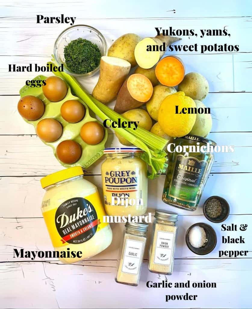 All the ingredients needed to make triple potato salad.