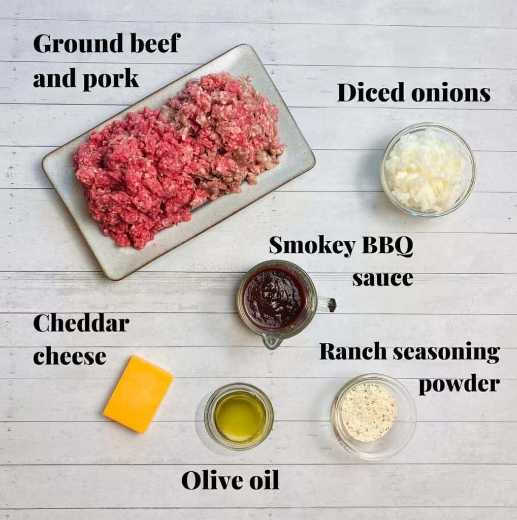 All the ingredients needed to make bbq cheddar burger patties.