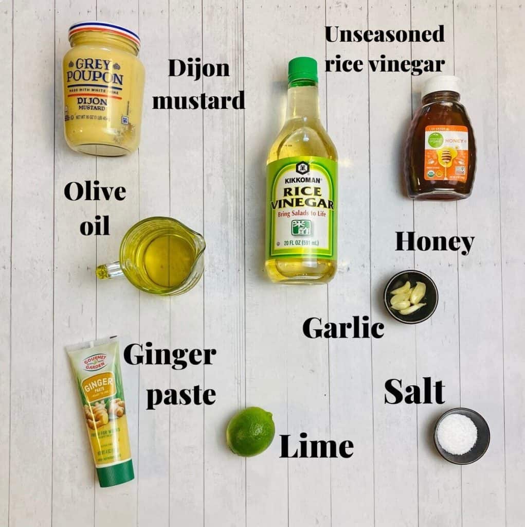 All the ingredients needed to make ginger lime dressing.