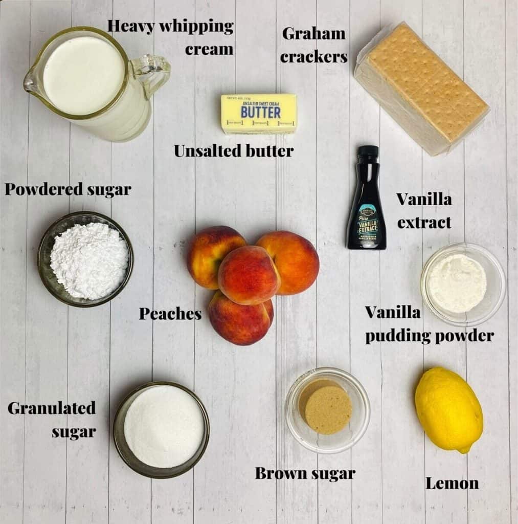 All the ingredients needed to make peaches and cream dessert.