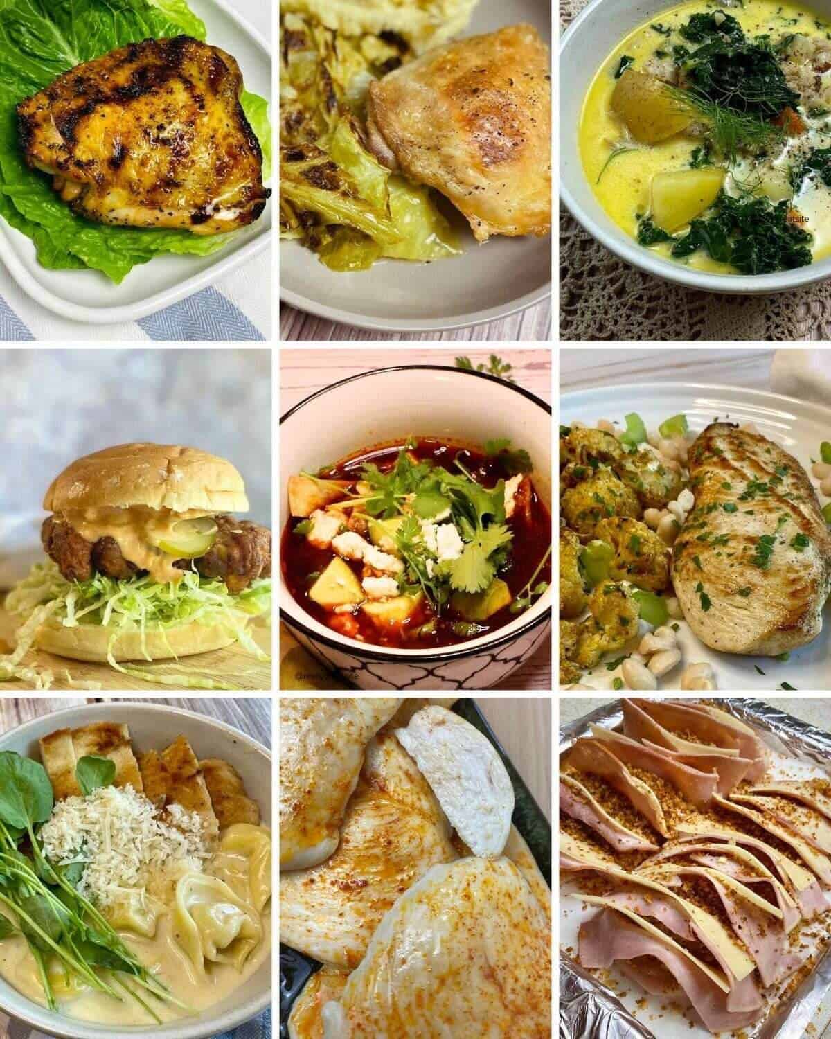 A collage of 9 photos of the chicken recipes in this post.