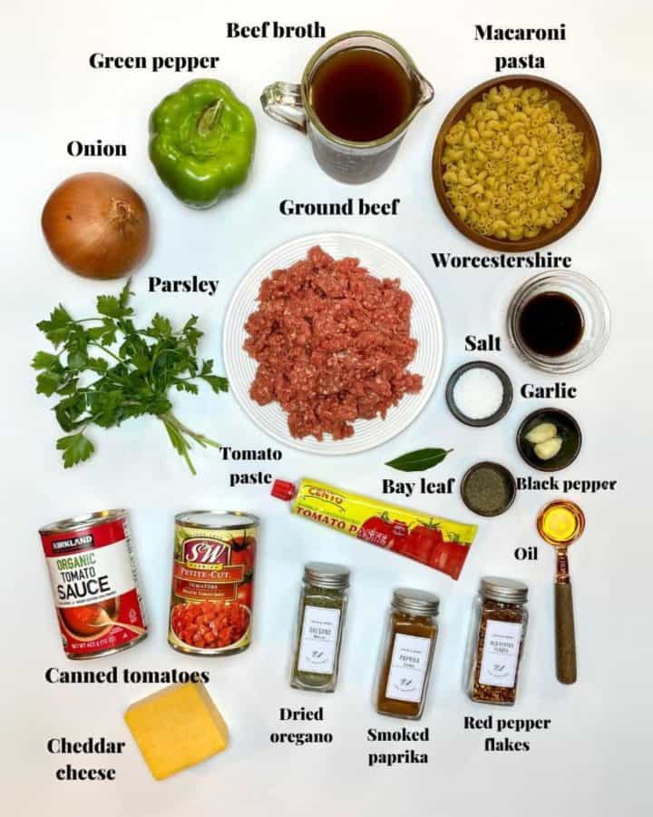 All the ingredients needed to make american goulash.