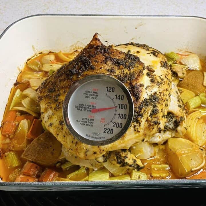 Roasted turkey breast with a thermometer poked into the center.