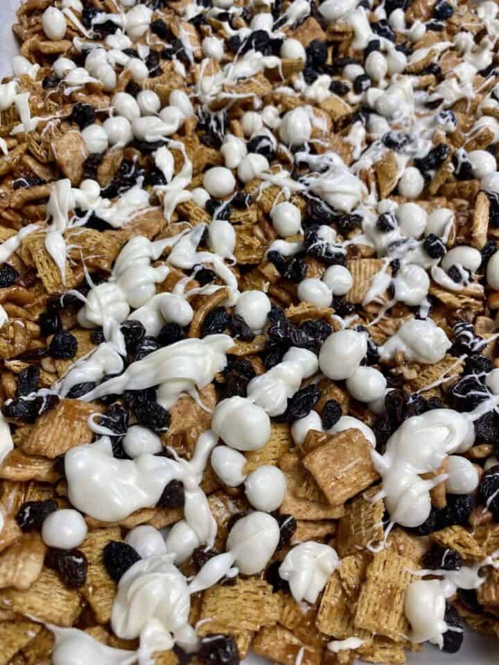 A closeup of the crunch snack mix.