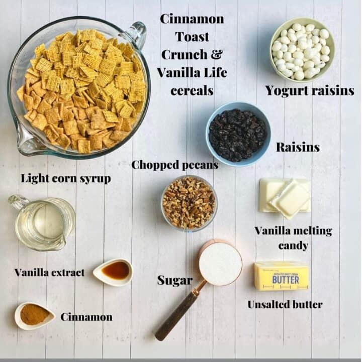 All the ingredients needed to make cinnamon roll crunch mix.