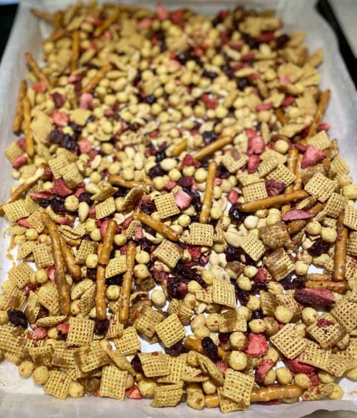 A sheetpan of pb&j snack mix.