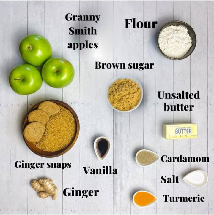 All the ingredients needed to make this cardamom apple pie recipe.