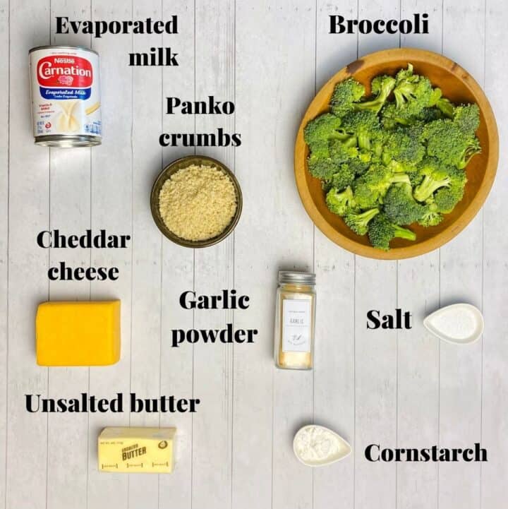 All the ingredients needed to make broccoli with cheese sauce.