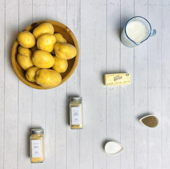 All the ingredients needed to make rustic mashed potatoes.