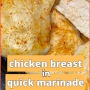 A close up of baked chicken breast captioned for pinterest.