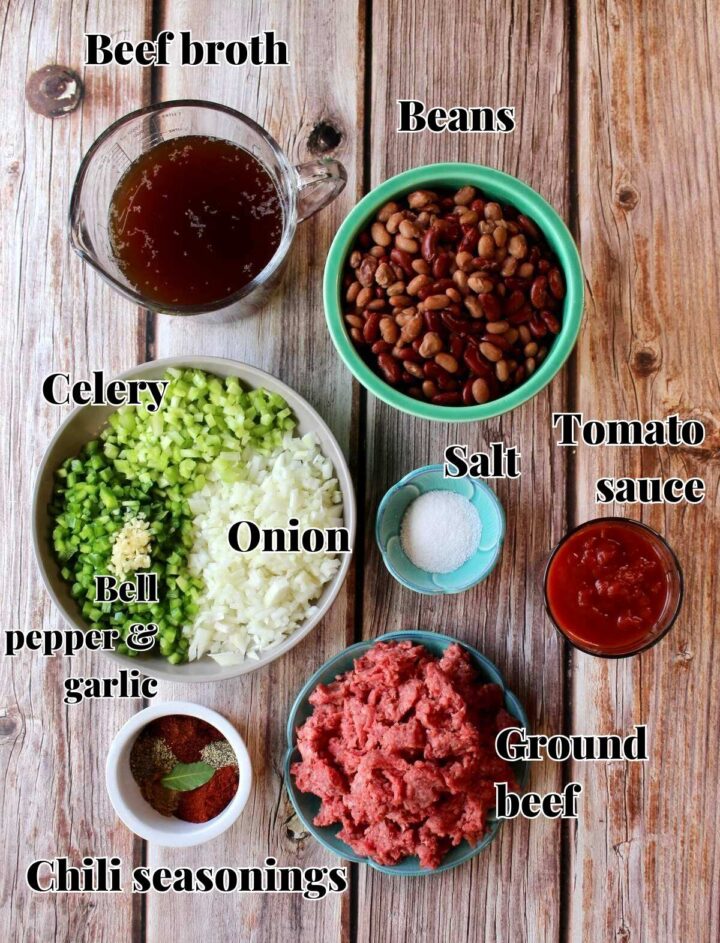 All the ingredients used to make this easy beef chili recipe.