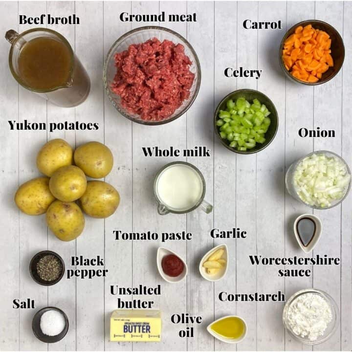 All the ingredients needed to make gluten free shepherd's pie.