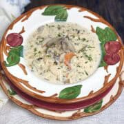 Bowl of chicken and wild rice soup.