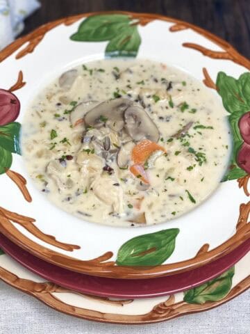 Bowl of chicken and wild rice soup.